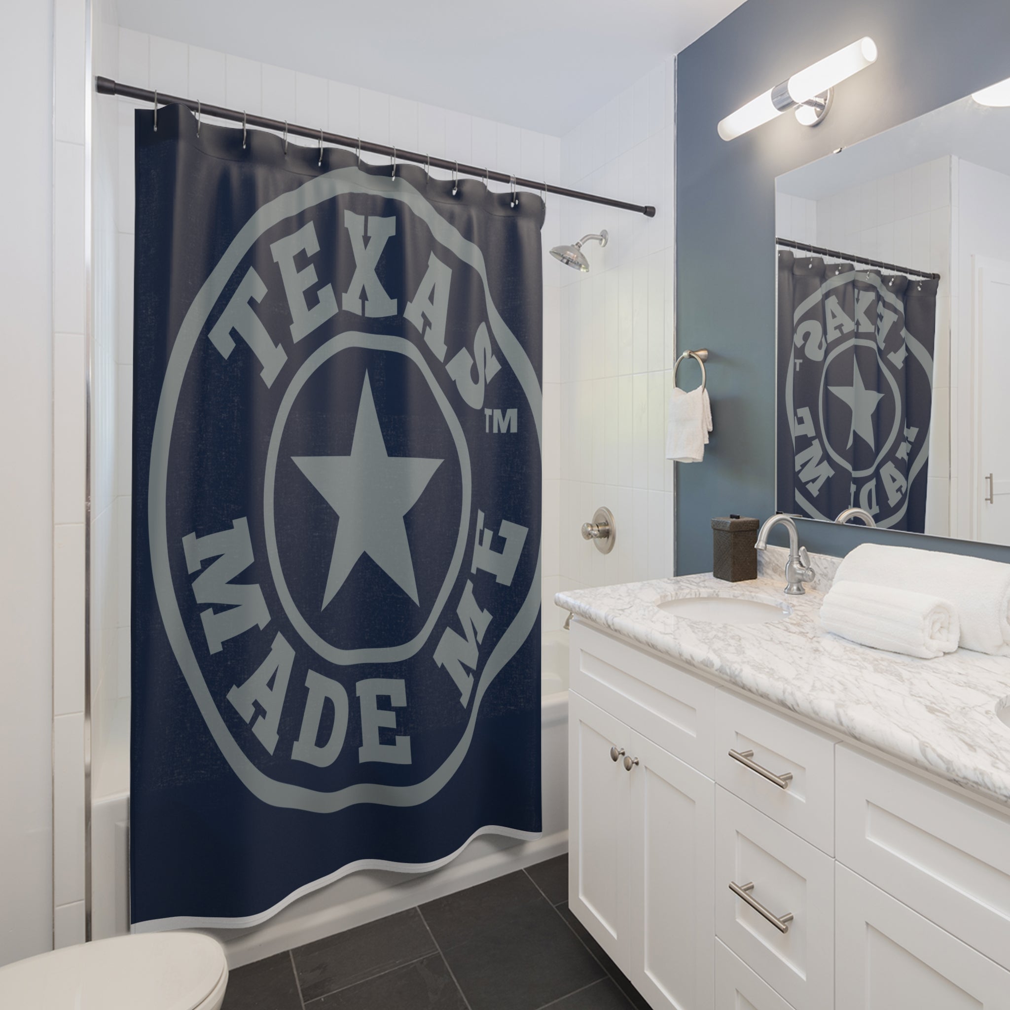 Navy and Blue TMM Logo Shower Curtain