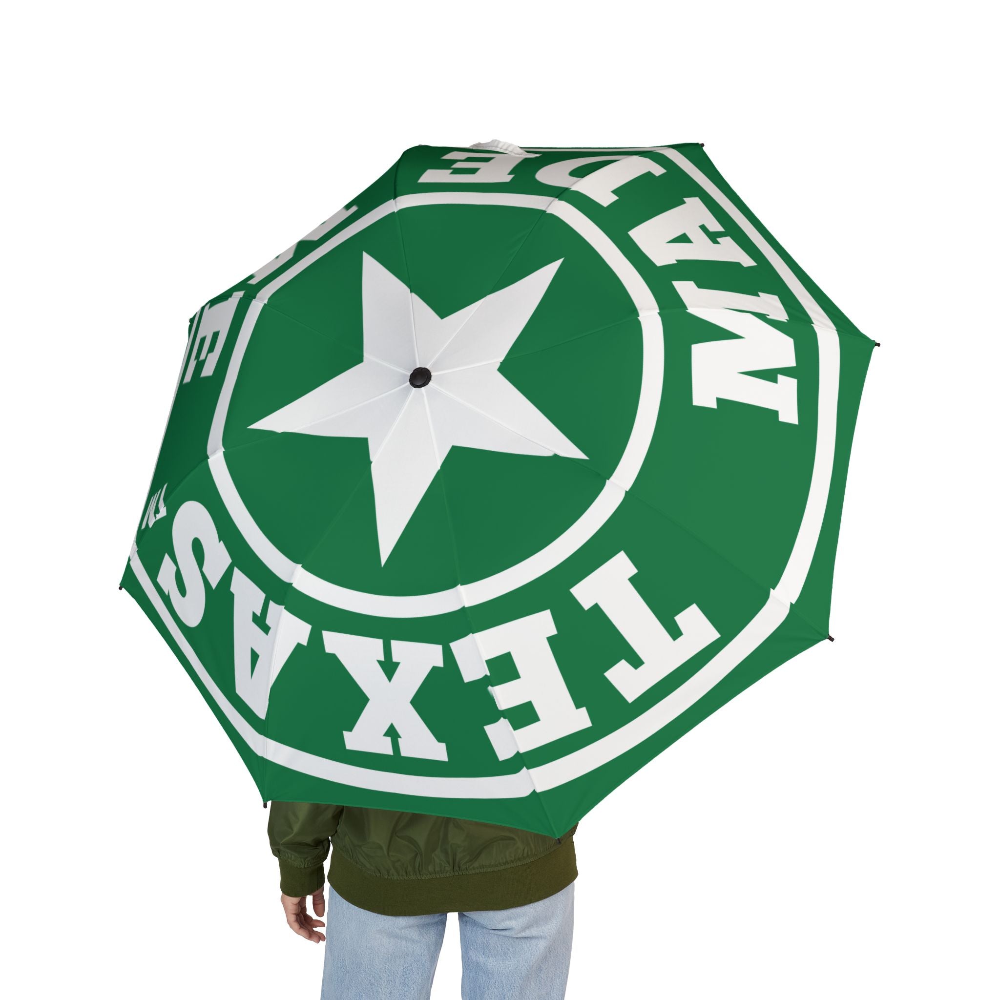 Team Green & White Foldable Umbrella – Texas Made Me Star Logo (Green & Gold)