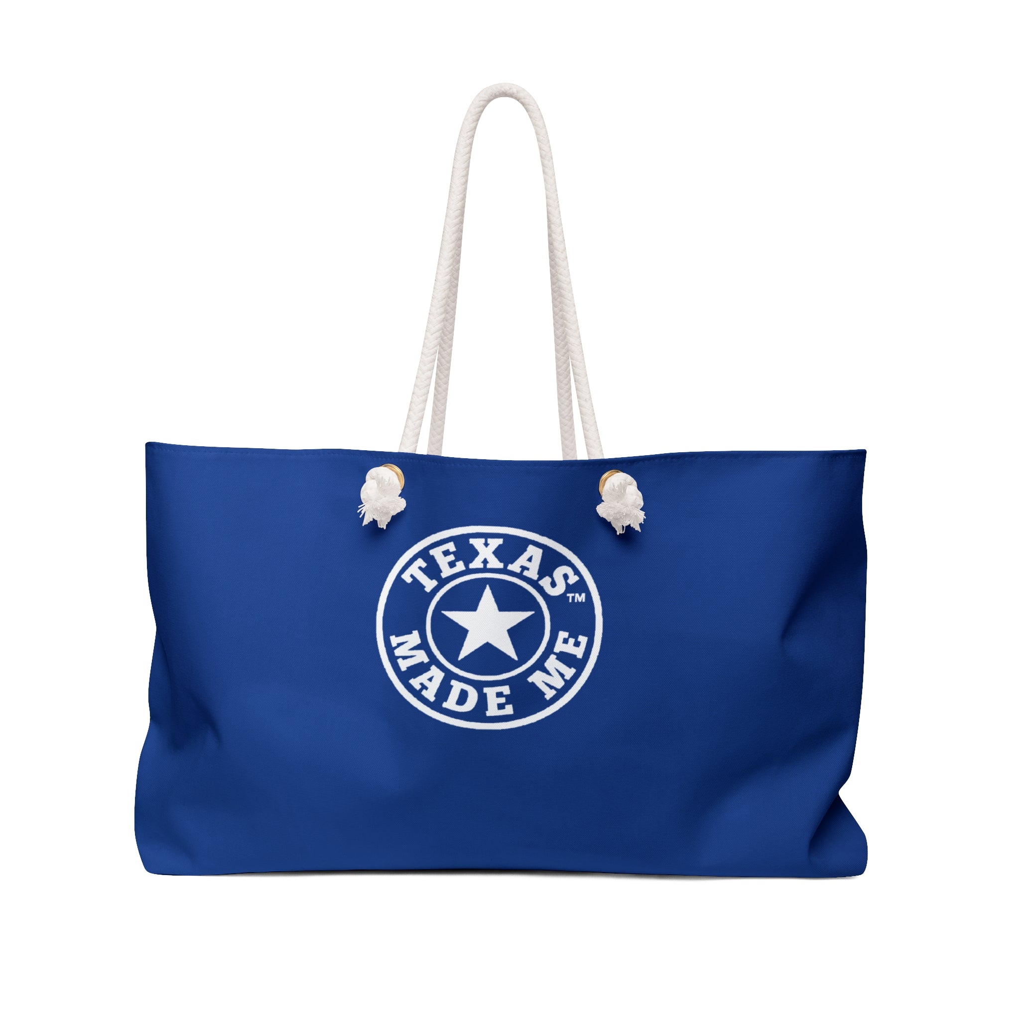 Texas Made Me Weekender Bag — Large Blue Travel Tote with Rope Handles