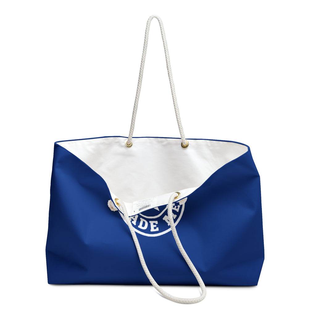 Texas Made Me Weekender Bag — Large Blue Travel Tote with Rope Handles