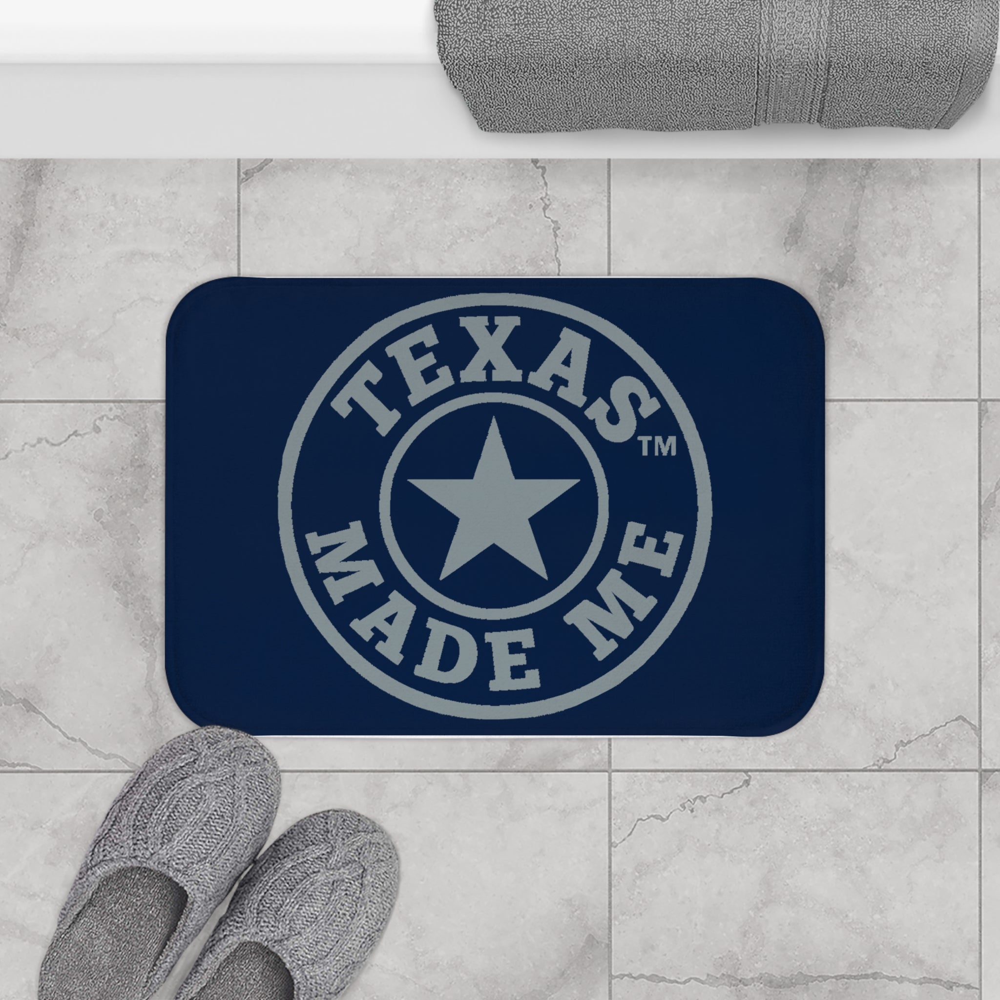 Texas Made Me Bath Mat – Navy and Silver Lone Star Bathroom Rug
