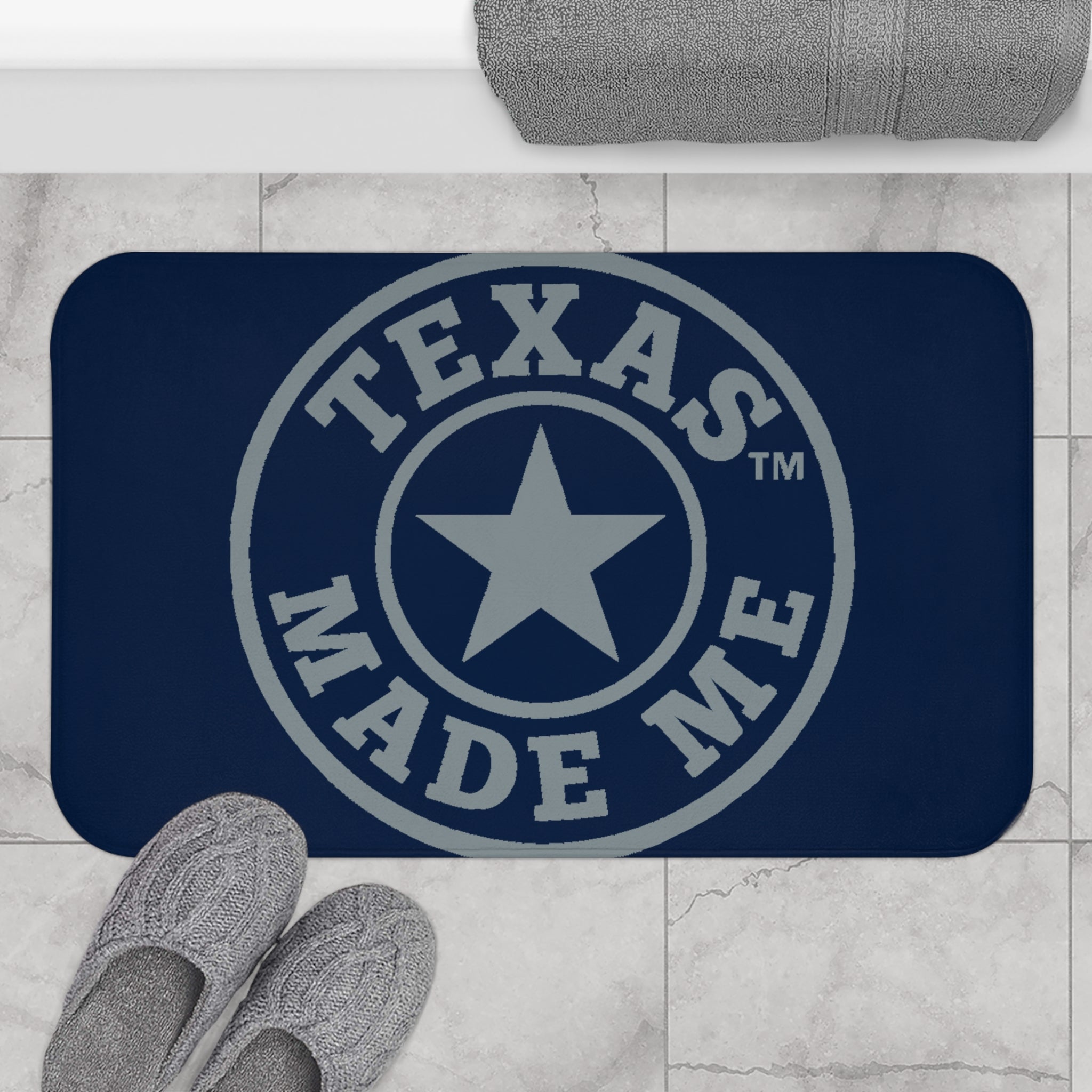 Texas Made Me Bath Mat – Navy and Silver Lone Star Bathroom Rug