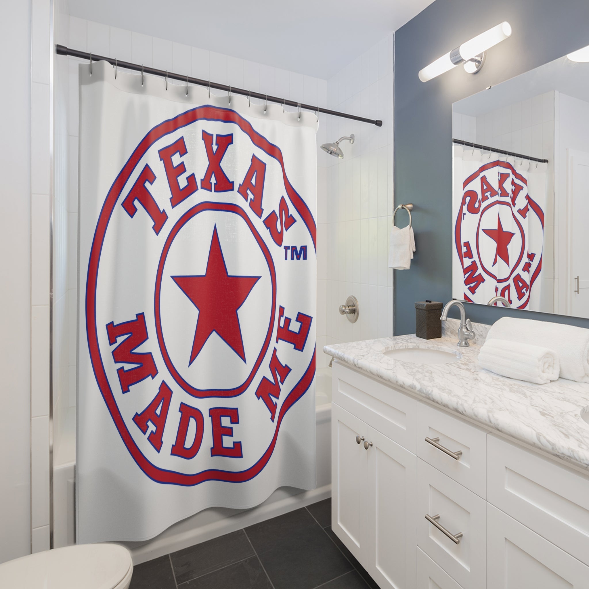 Red, White and Blue TMM Logo Shower Curtain