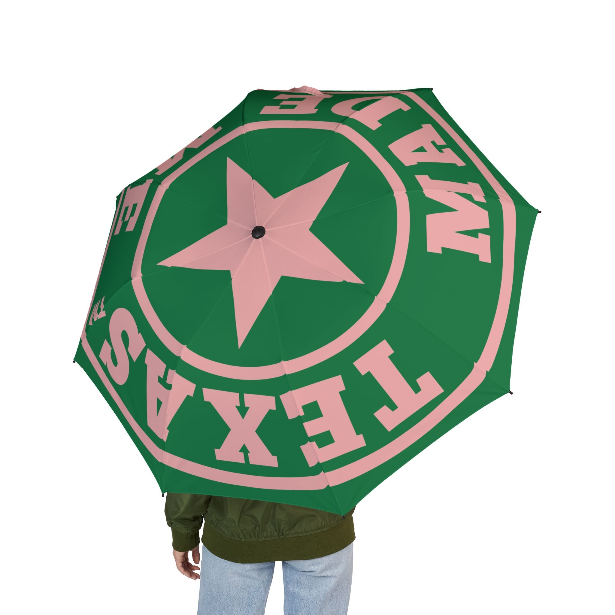 Pink & Green Foldable Umbrella – Texas Made Me Star Logo