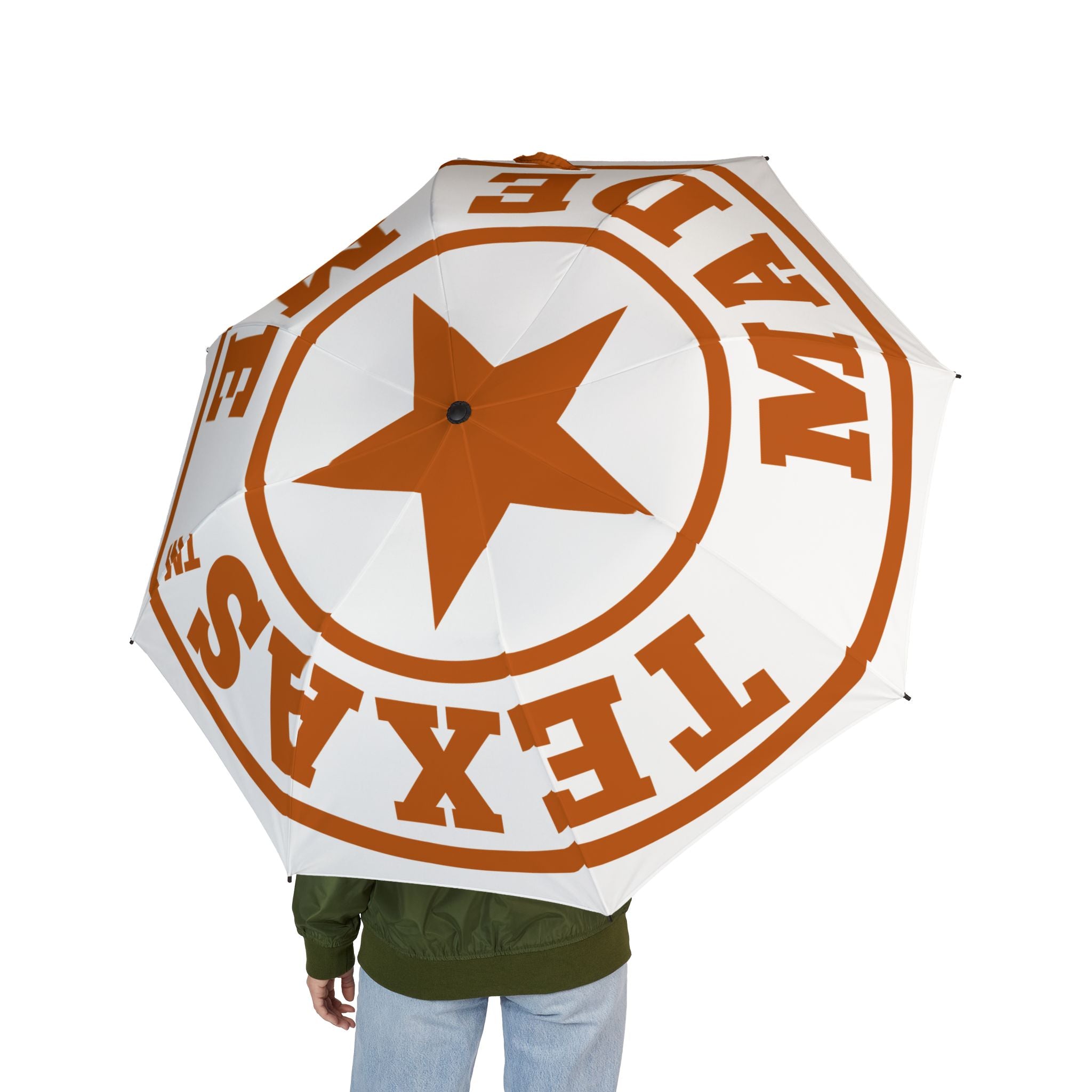 Foldable Umbrella – Texas Made Me Star Logo (Burnt Orange & White)